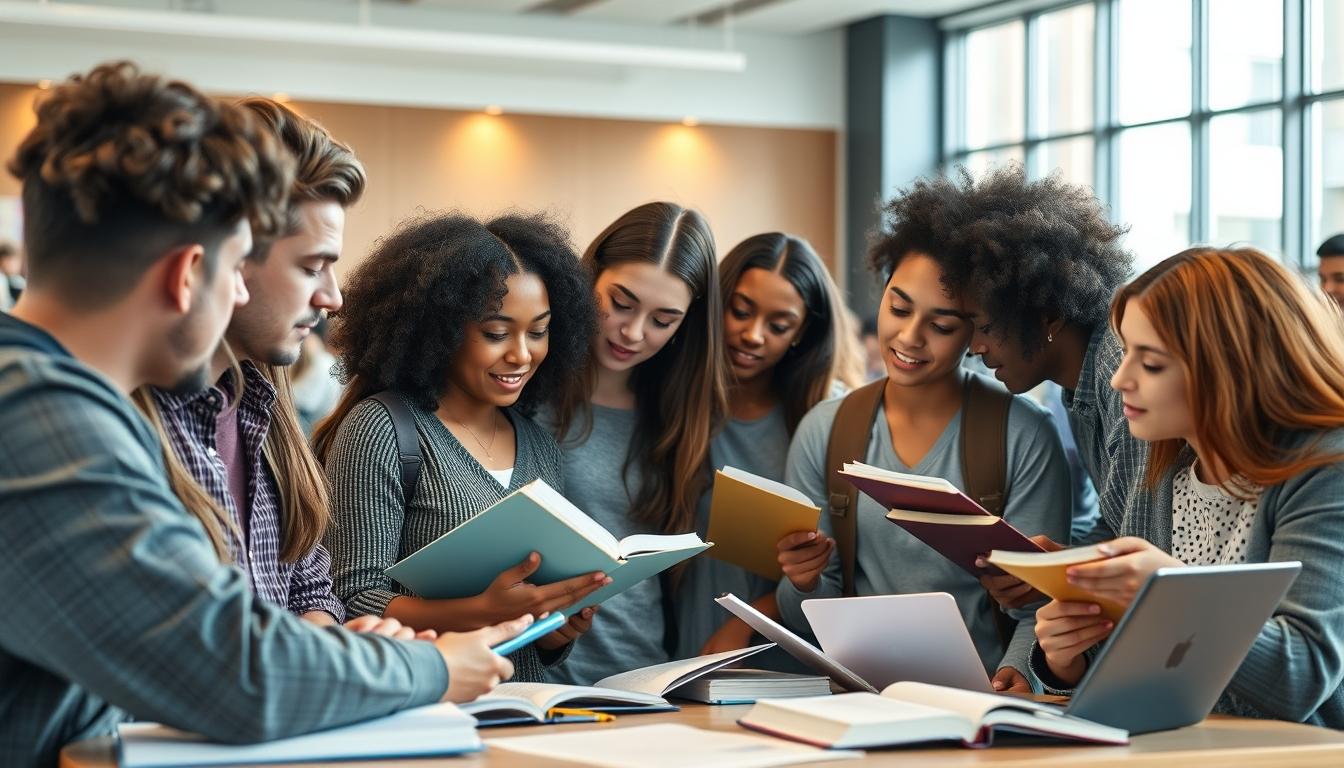 Students studying together in modern classroom